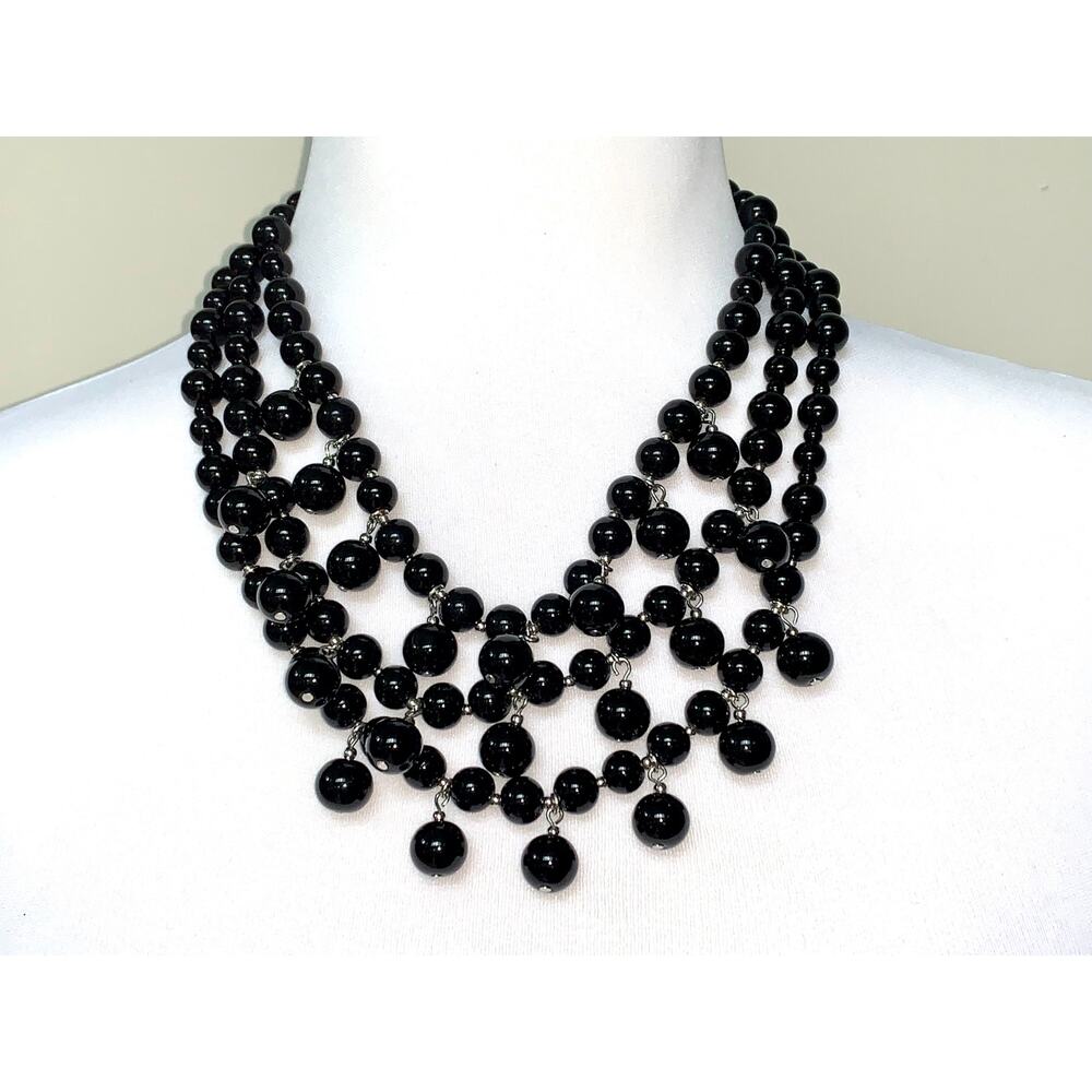 Talbots Multistrand Cascading Black Glass Bead Statement Bib Necklace